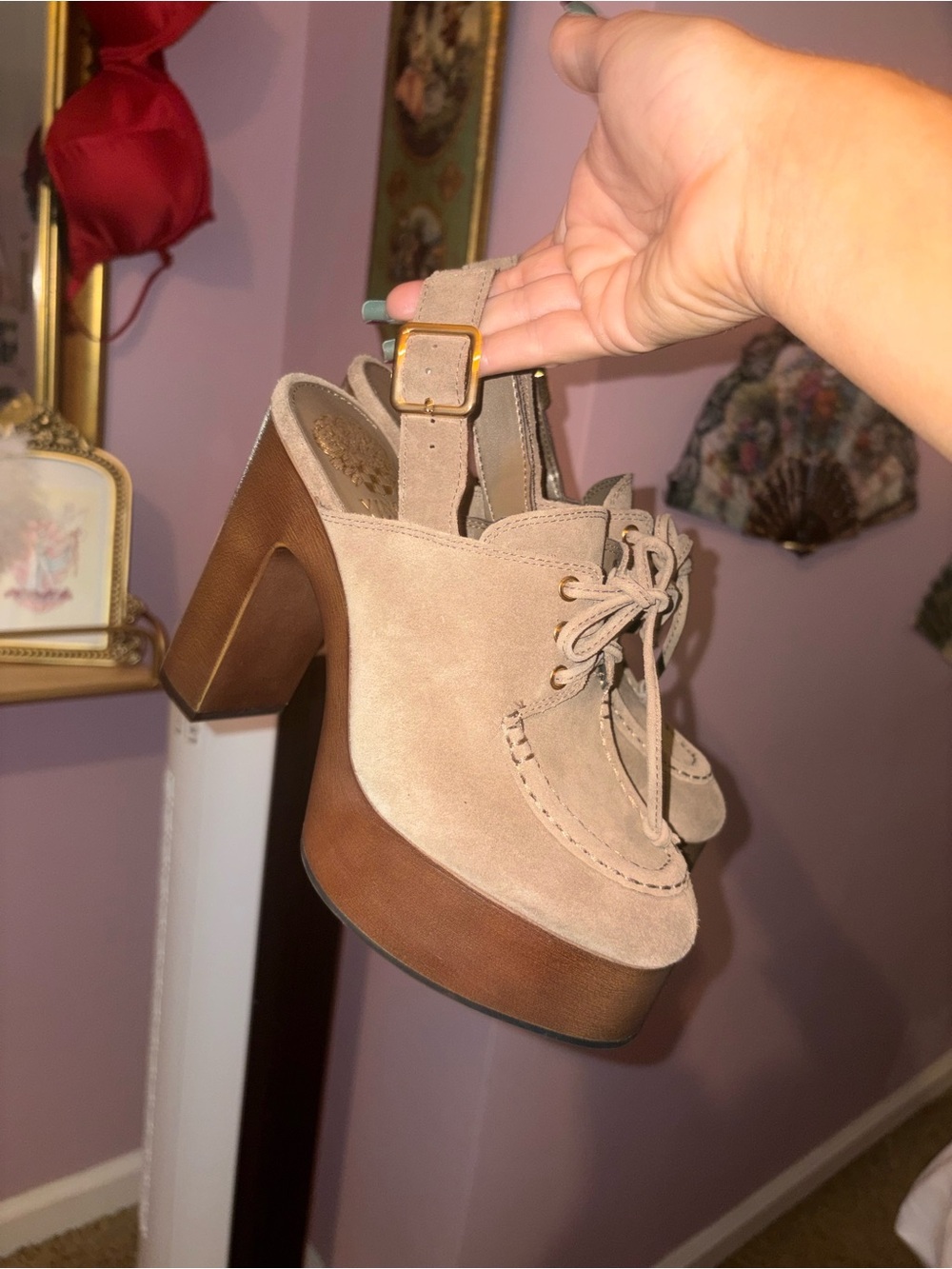 NWOB Vince Camuto Taupe Suede Lace-Up Platform Slingback Heels